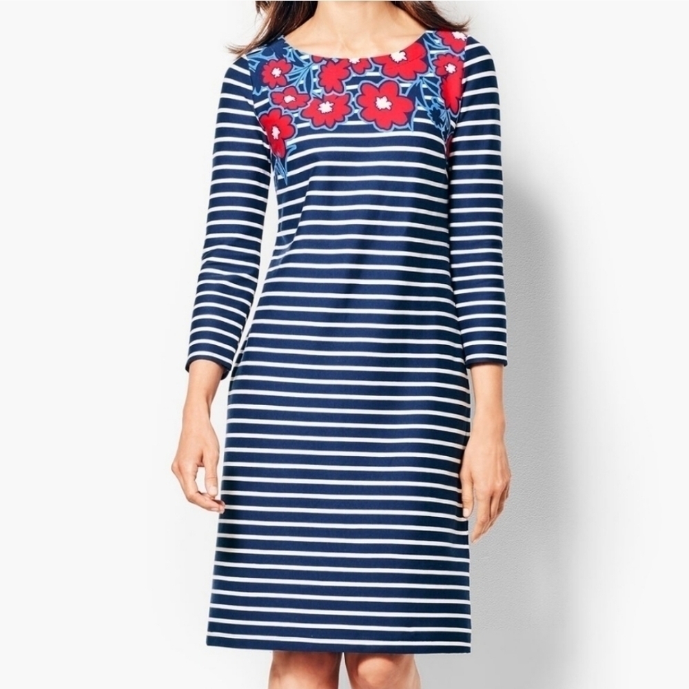 Talbots Womens A Line Dress Size P Small Striped Floral 100% Cotton Summer Nwot
